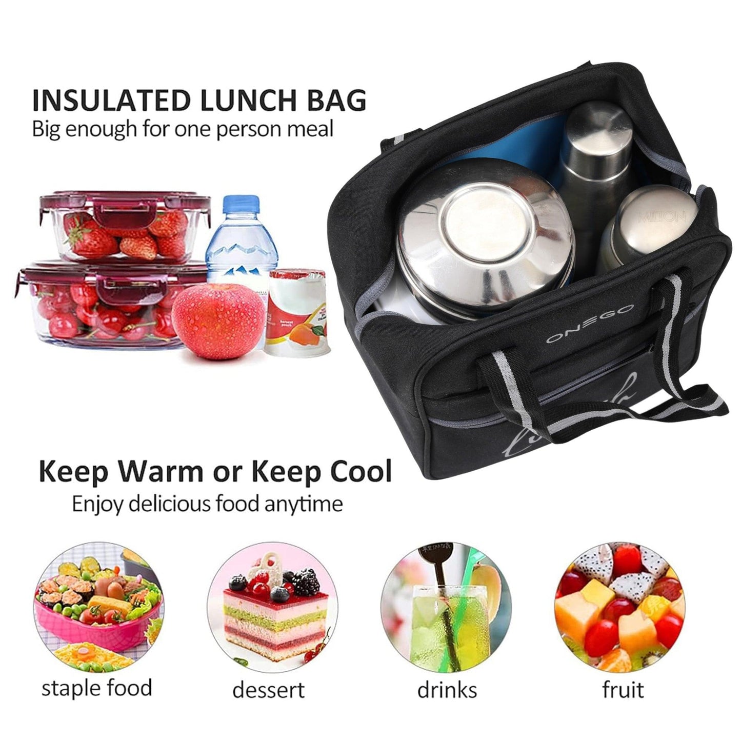 ONEGO Water-Resistant & Durable Lunch Bag | Stylish Multipurpose Tiffin Bag for Office, School, Travel & Picnic | for Kids, Women & Men - ONEGO FASHION